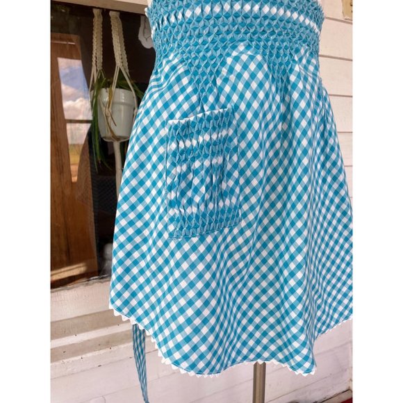 Vintage Turquoise Blue Gingham Check Smocked Half Apron Farmhouse - Picture 3 of 8